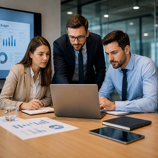 Three co-workers standing around a laptop.